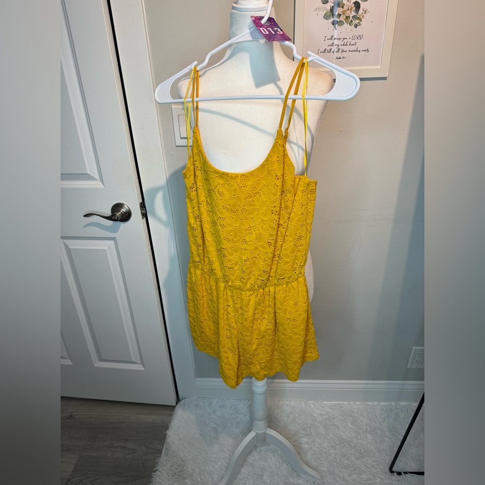 #013 yellow crochet romper size s